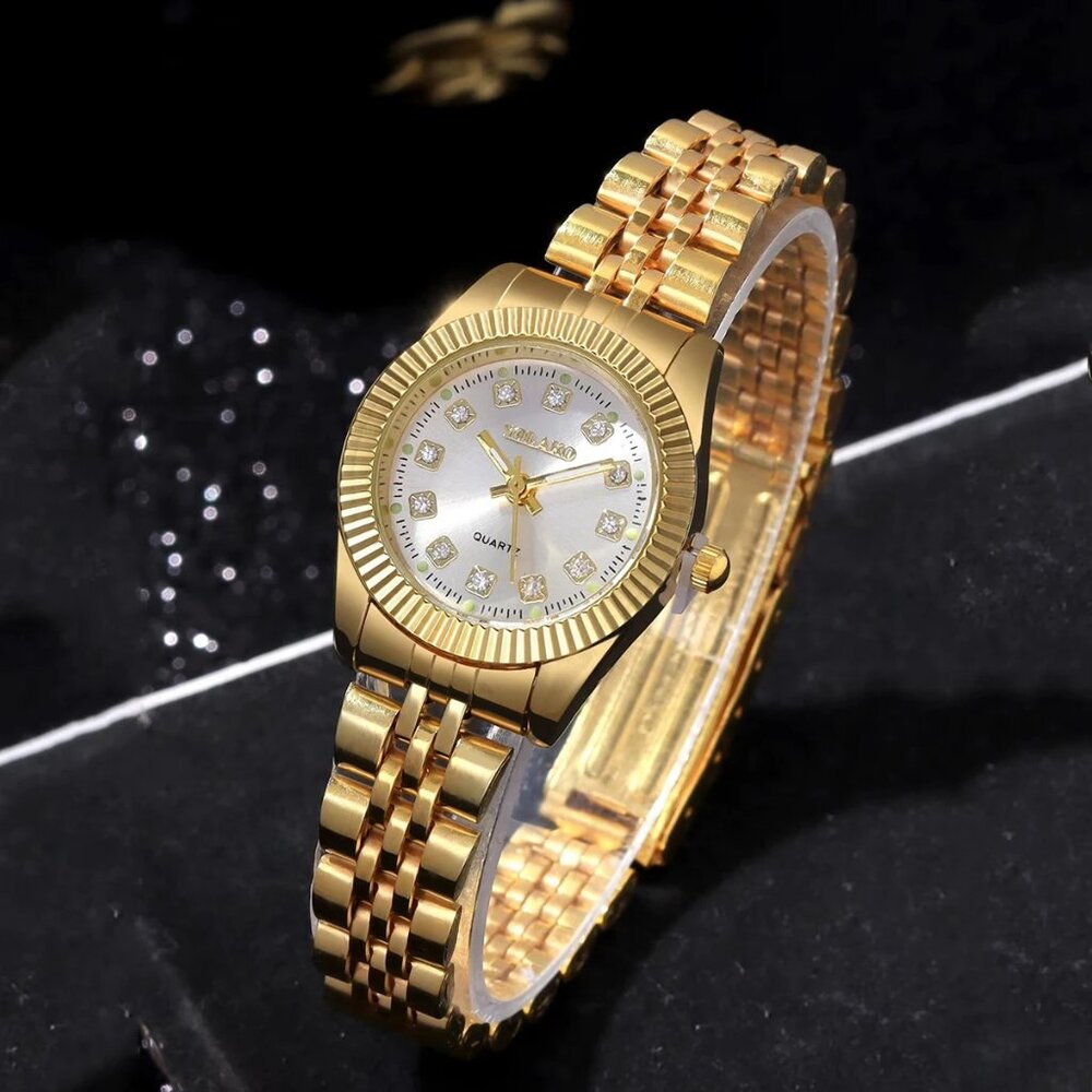 NWOT Gold Plated Rhinestone Women Stainless Steel Stylish Band Quartz Watch